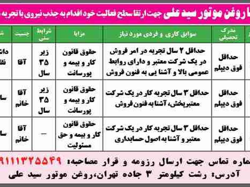 استخدام در فروشگا روغن موتور سید علی